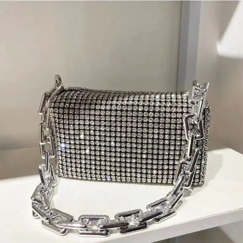 Bolsa Feminina de Ombro com Corrente e Strass